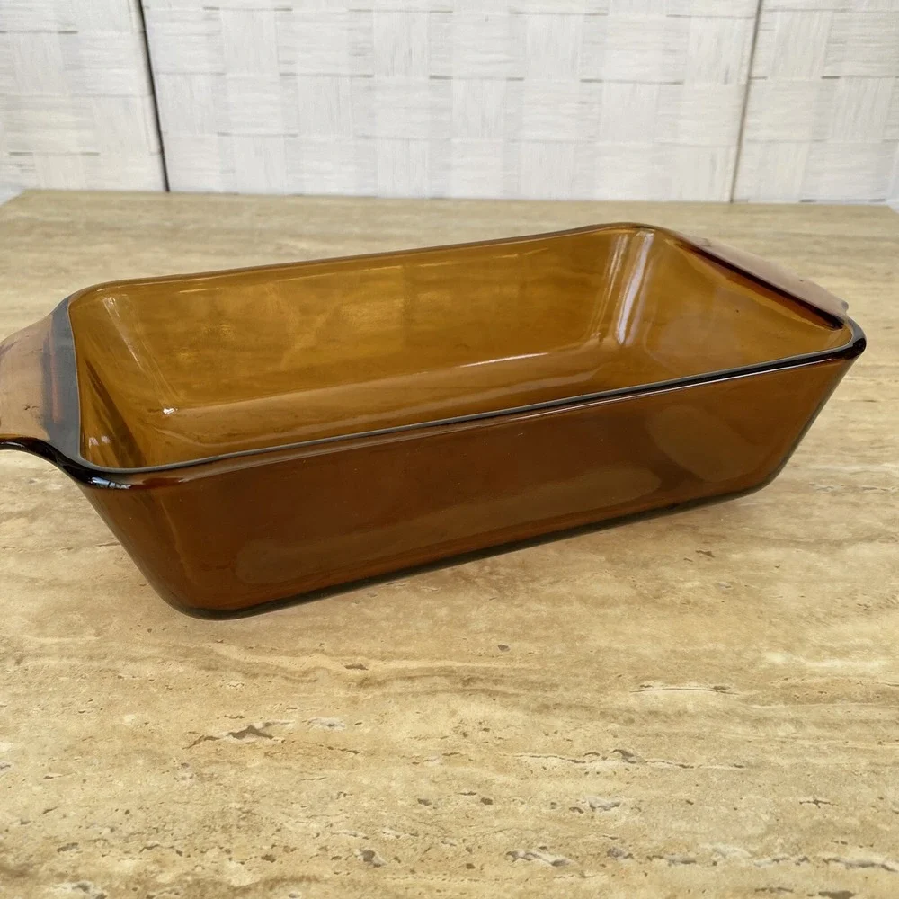 Anchor Hocking Fire King Loaf Pan Amber Glass 1 Qt w/ Wicker Basket Vintage MCM